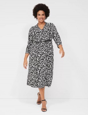 Lane Bryant 3/4-Sleeve Collar Faux-Wrap Jersey Kadın Midi Elbise Siyah | TSC7462MS