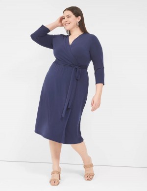 Lane Bryant 3/4-Sleeve Faux-Wrap Jersey Kadın Midi Elbise Mavi | IIF5833VB