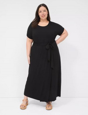 Lane Bryant Crew-Neck Faux-Wrap Jersey Kadın Midi Elbise Siyah | SOO5834TY