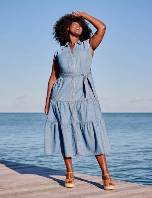 Lane Bryant Denim Tiered Kadın Midi Elbise Mavi | AJM8138DI