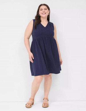 Lane Bryant Easy Swing Eyelet-Bodice Kadın Günlük Elbise Mavi | QPD9163YS