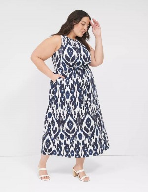 Lane Bryant Elastic-Neck Tie-Waist Kadın Midi Elbise Lacivert | LKZ93100XJ