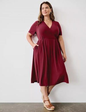 Lane Bryant Faux-Wrap Jersey Kadın Midi Elbise Koyu Kırmızı | NGZ5310LJ