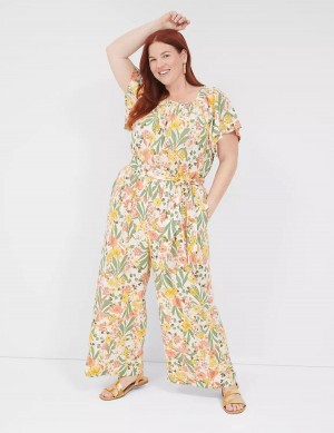 Lane Bryant Flutter-Sleeve Smocked-Neck Wide Leg Kadın Tulum Sarı Renkli | CGJ4483FN