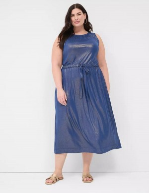 Lane Bryant Foil Shimmer Tie-Waist Kadın Midi Elbise Koyu Mavi | XAK2347RD