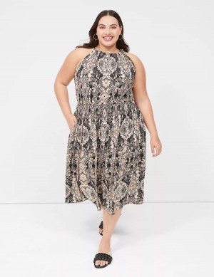 Lane Bryant Halter-Neck Smocked-Waist Jersey Kadın Midi Elbise Siyah Renkli | WZF8273XU