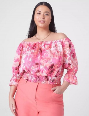 Lane Bryant Klasik Crop Off-The-Shoulder Chiffon Top Kadın Atlet Pembe | DLB8695NK