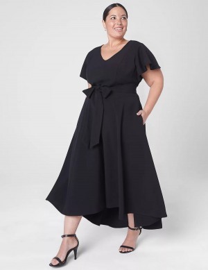 Lane Bryant Lena V-Neck High-Low Kadın Midi Elbise Siyah | THB8916FC