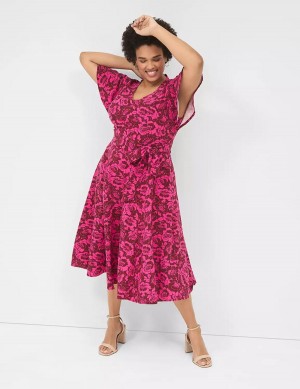 Lane Bryant Lena V-Neck Level-Hem Kadın Midi Elbise Pembe | XLM655BO