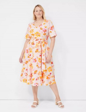 Lane Bryant Lena V-Neck Level-Hem Kadın Midi Elbise Pembe Turuncu | TFU8644UH