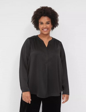 Lane Bryant Satin Banded-Neck Ruched-Shoulder Kadın Gömlek Siyah | SEE652QI