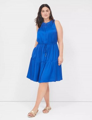 Lane Bryant Satin Smocked-Neck Tie-Waist Kadın Günlük Elbise Mavi | XGZ9748DG