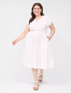 Lane Bryant Shirred-Shoulder Smocked-Waist Kadın Midi Elbise Beyaz | RNY4915LM