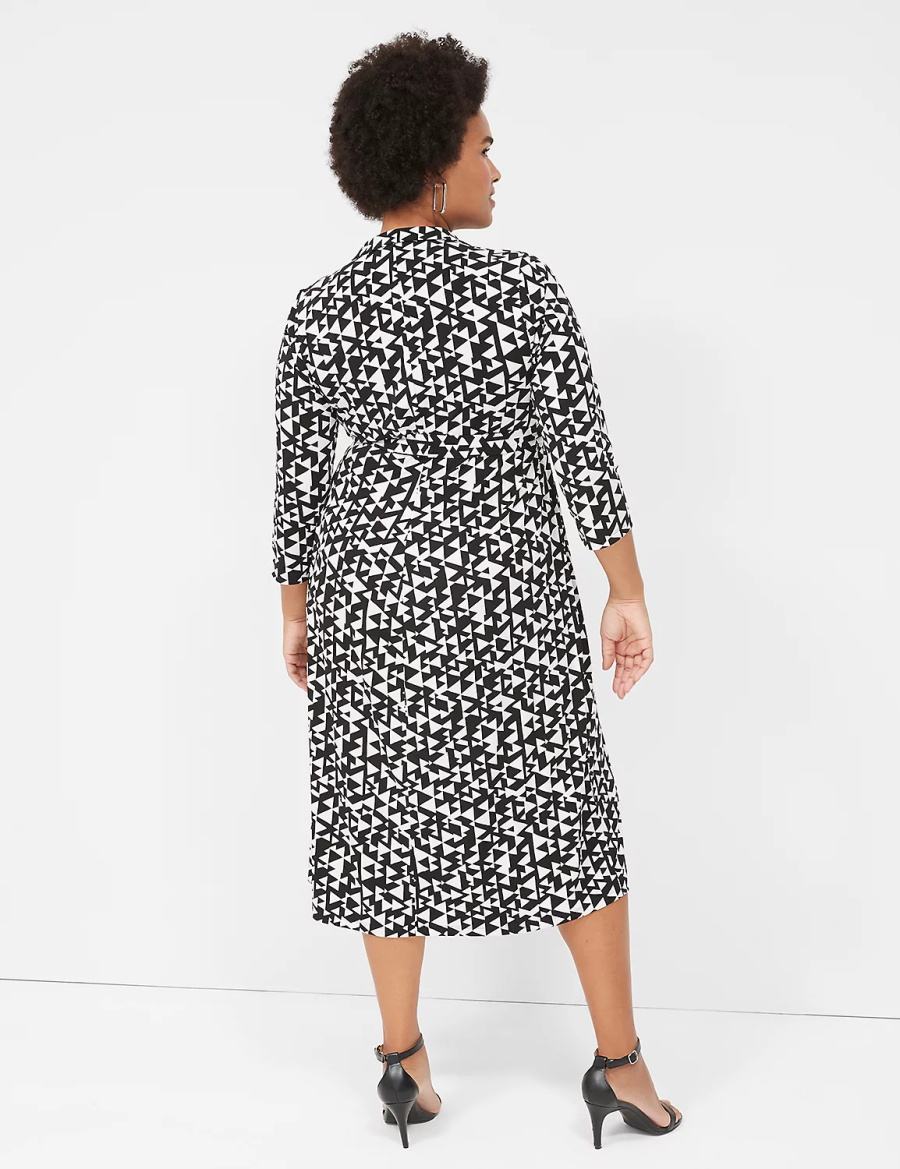 Lane Bryant 3/4-Sleeve Collar Faux-Wrap Jersey Kadın Midi Elbise Siyah | TSC7462MS