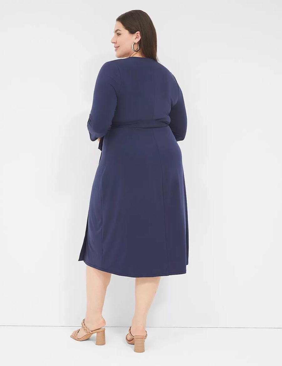 Lane Bryant 3/4-Sleeve Faux-Wrap Jersey Kadın Midi Elbise Mavi | IIF5833VB