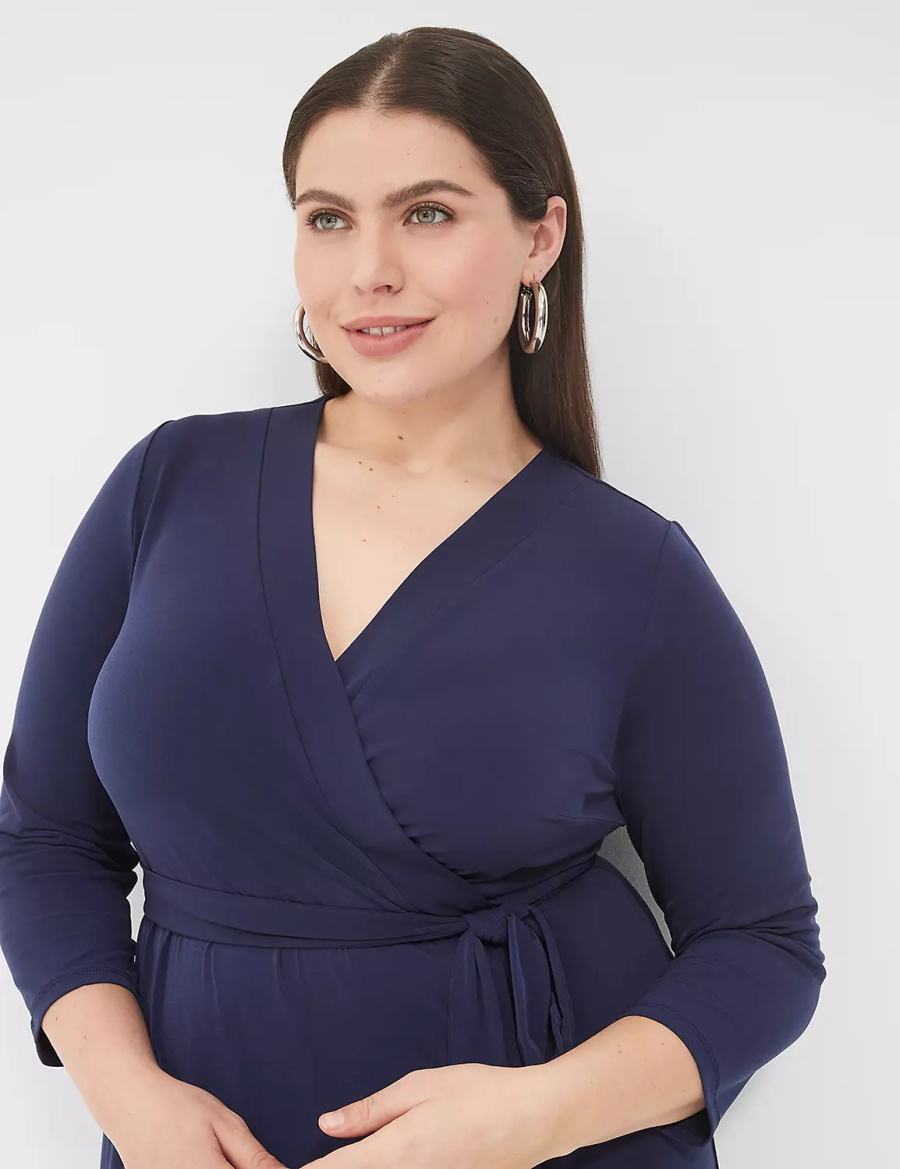 Lane Bryant 3/4-Sleeve Faux-Wrap Jersey Kadın Midi Elbise Mavi | IIF5833VB