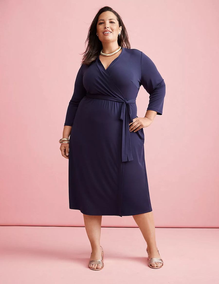 Lane Bryant 3/4-Sleeve Faux-Wrap Jersey Kadın Midi Elbise Mavi | IIF5833VB