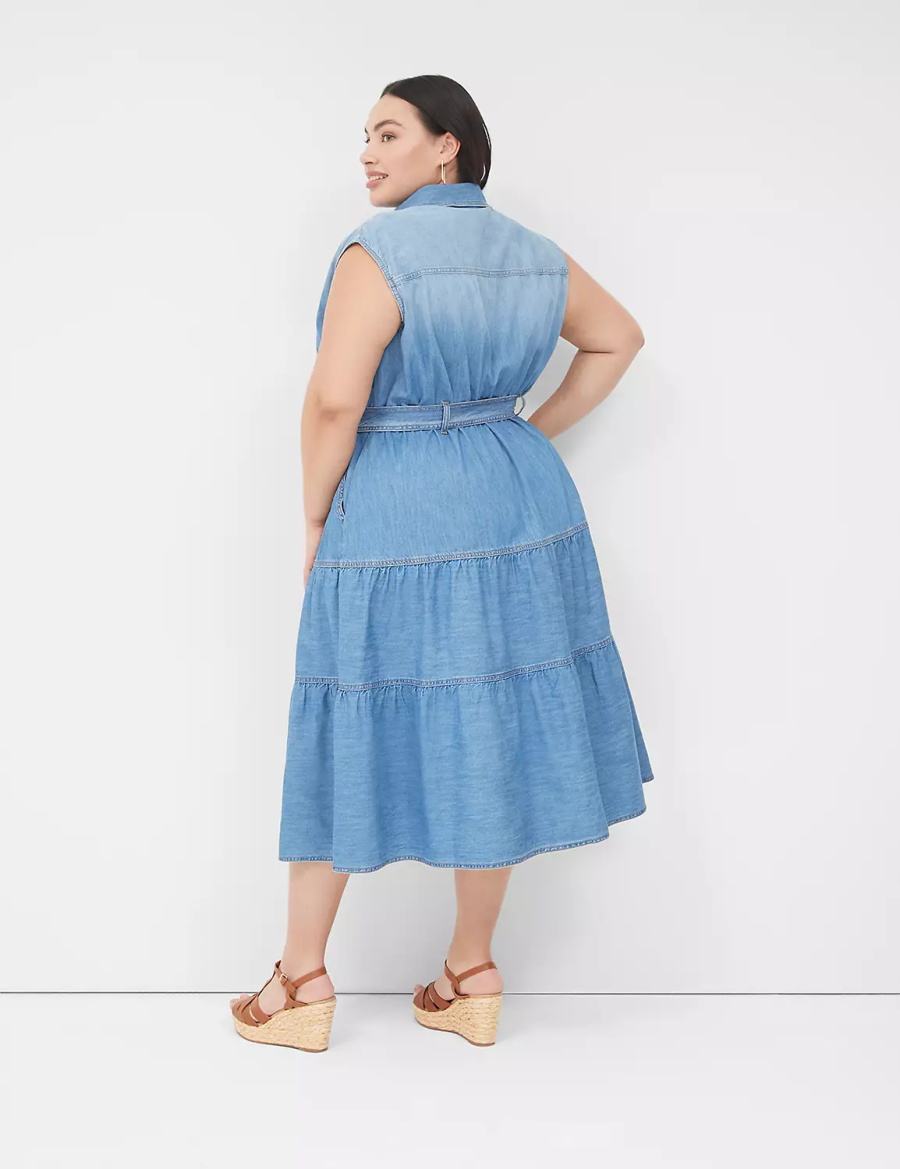 Lane Bryant Denim Tiered Kadın Midi Elbise Mavi | AJM8138DI