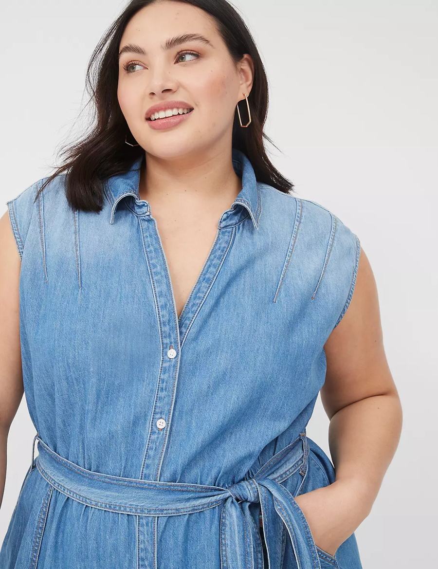 Lane Bryant Denim Tiered Kadın Midi Elbise Mavi | AJM8138DI