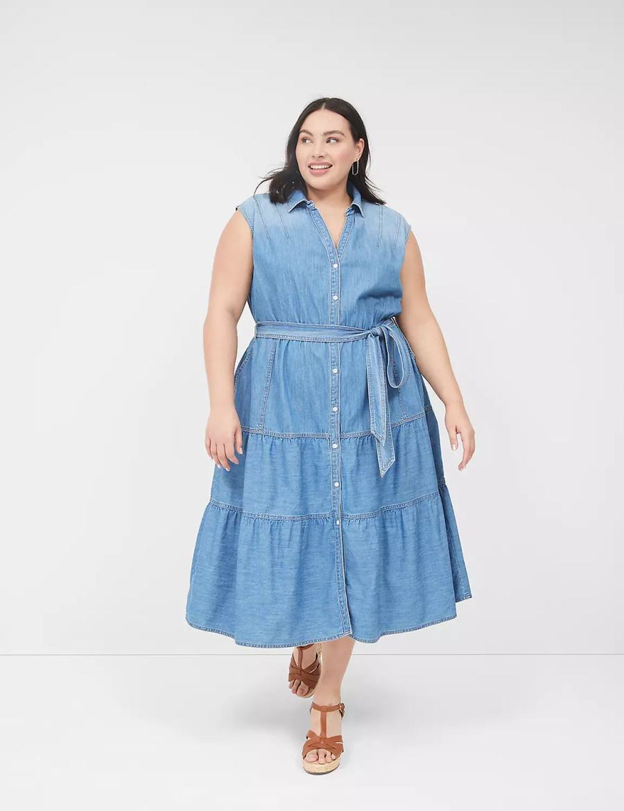 Lane Bryant Denim Tiered Kadın Midi Elbise Mavi | AJM8138DI