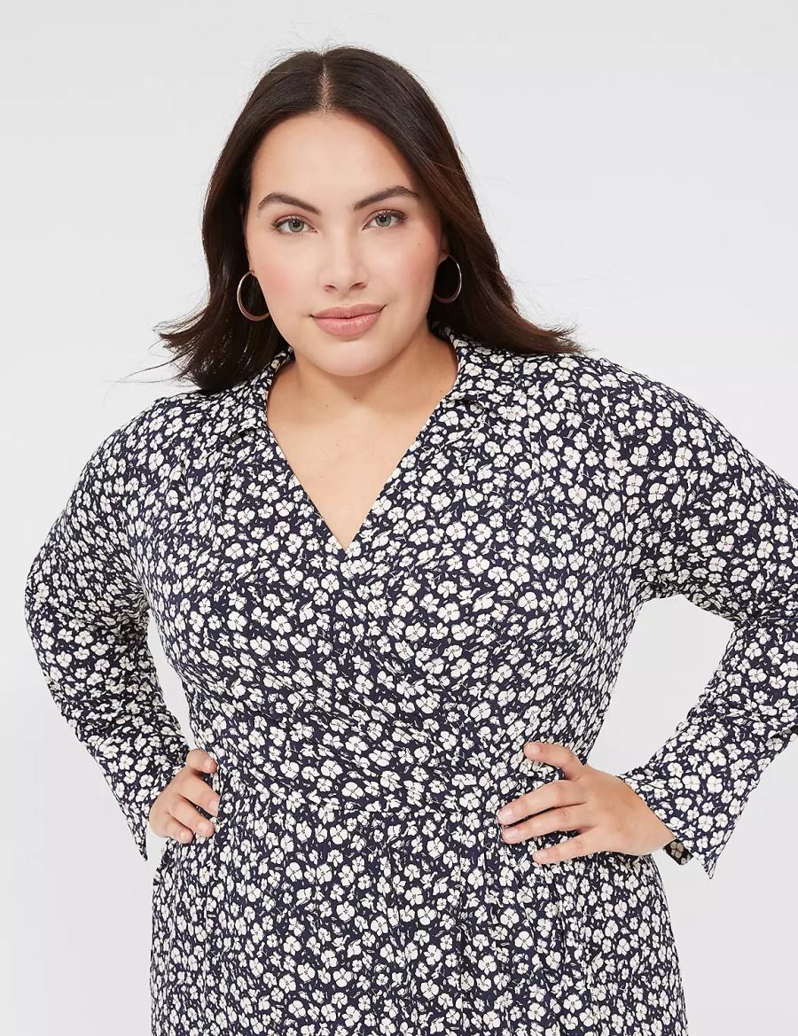 Lane Bryant Faux-Wrap Collar Jersey Kadın Midi Elbise Lacivert | YBI790JO