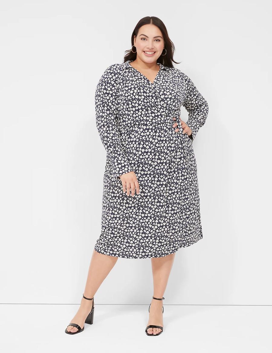 Lane Bryant Faux-Wrap Collar Jersey Kadın Midi Elbise Lacivert | YBI790JO