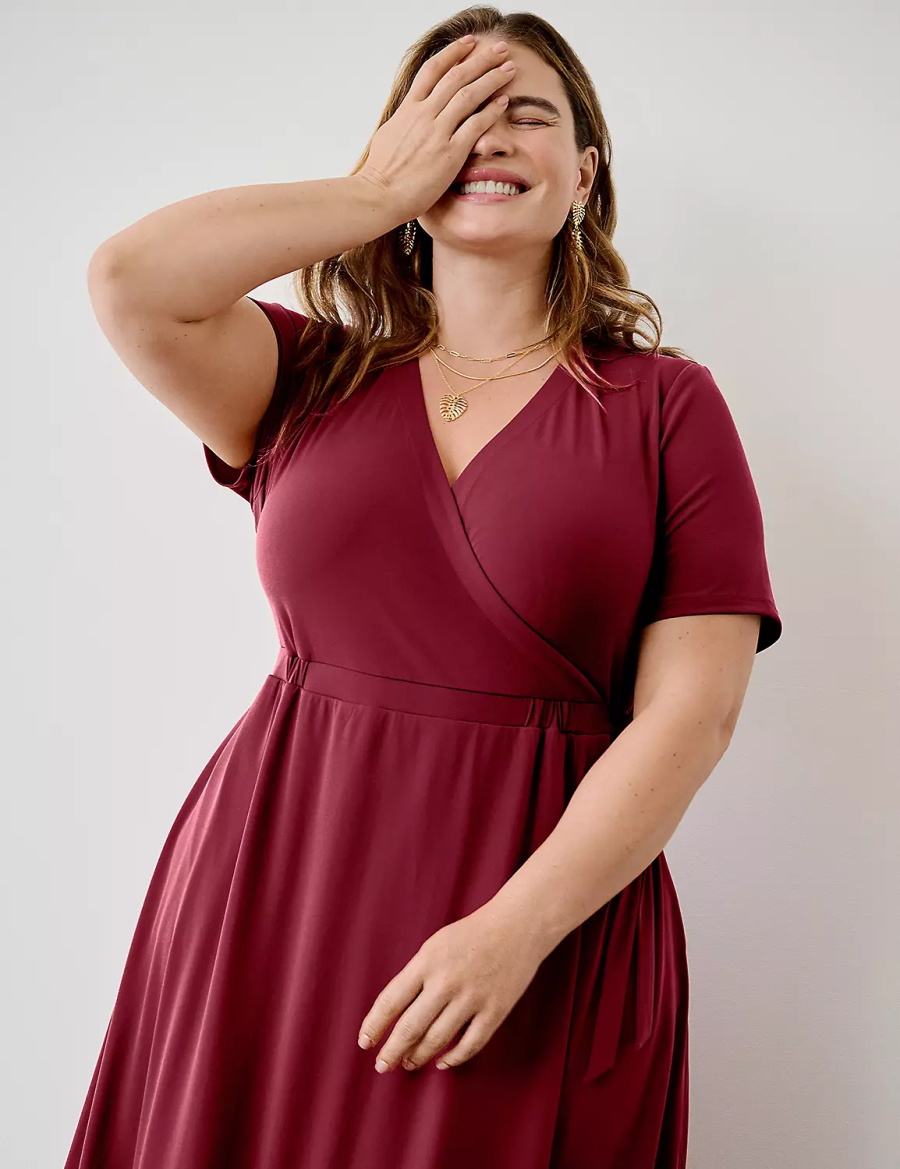 Lane Bryant Faux-Wrap Jersey Kadın Midi Elbise Koyu Kırmızı | NGZ5310LJ