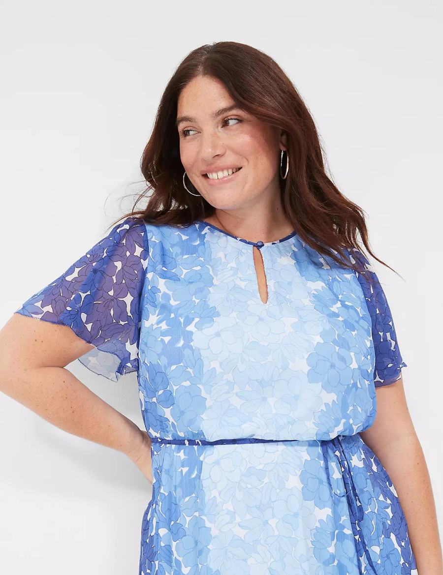 Lane Bryant Flutter-Sleeve Ruffle-Tier Kadın Günlük Elbise Mavi | IUO5467XN