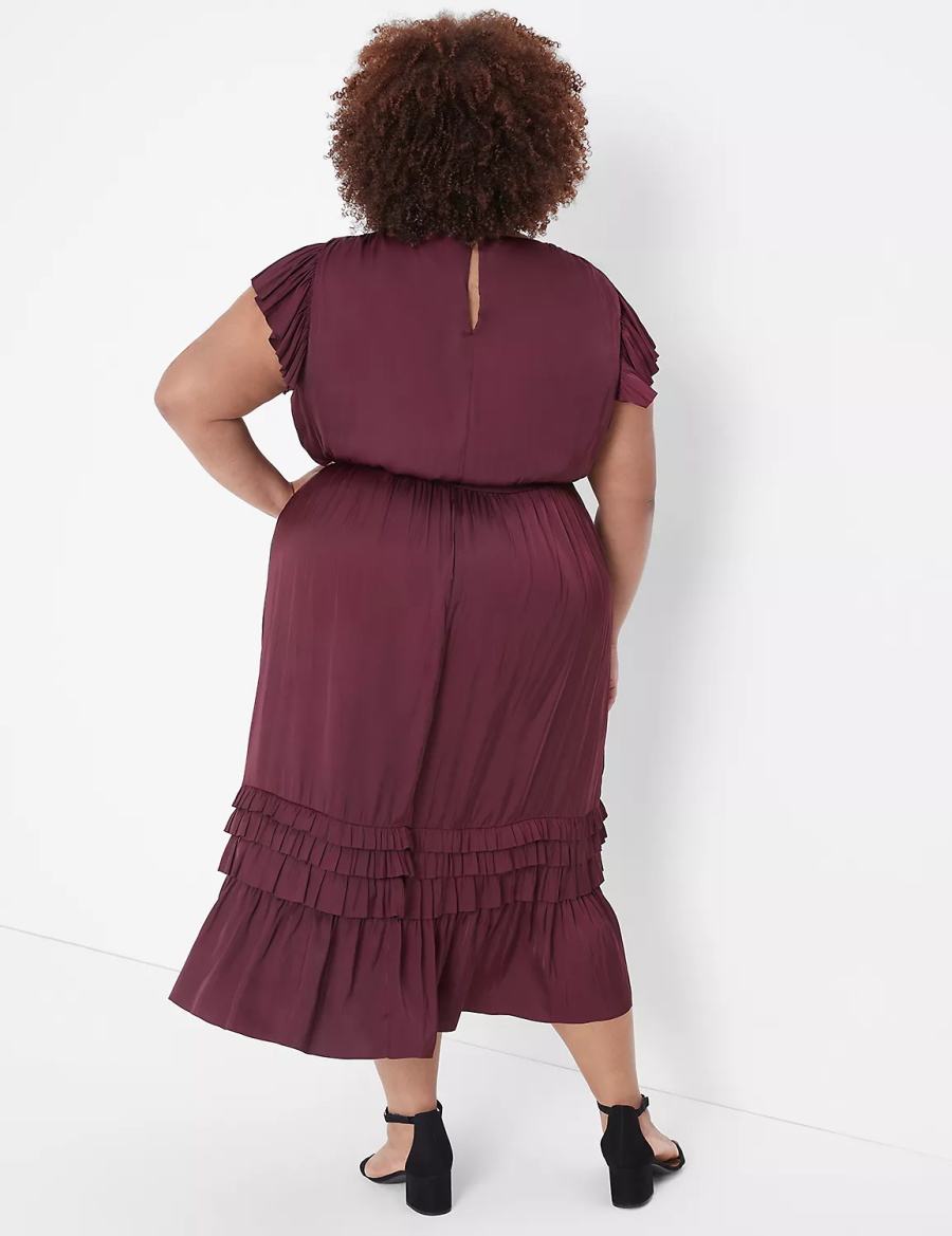 Lane Bryant Flutter-Sleeve Shirred Kadın Midi Elbise Bordo | EQC3860HJ