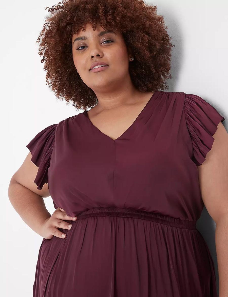 Lane Bryant Flutter-Sleeve Shirred Kadın Midi Elbise Bordo | EQC3860HJ