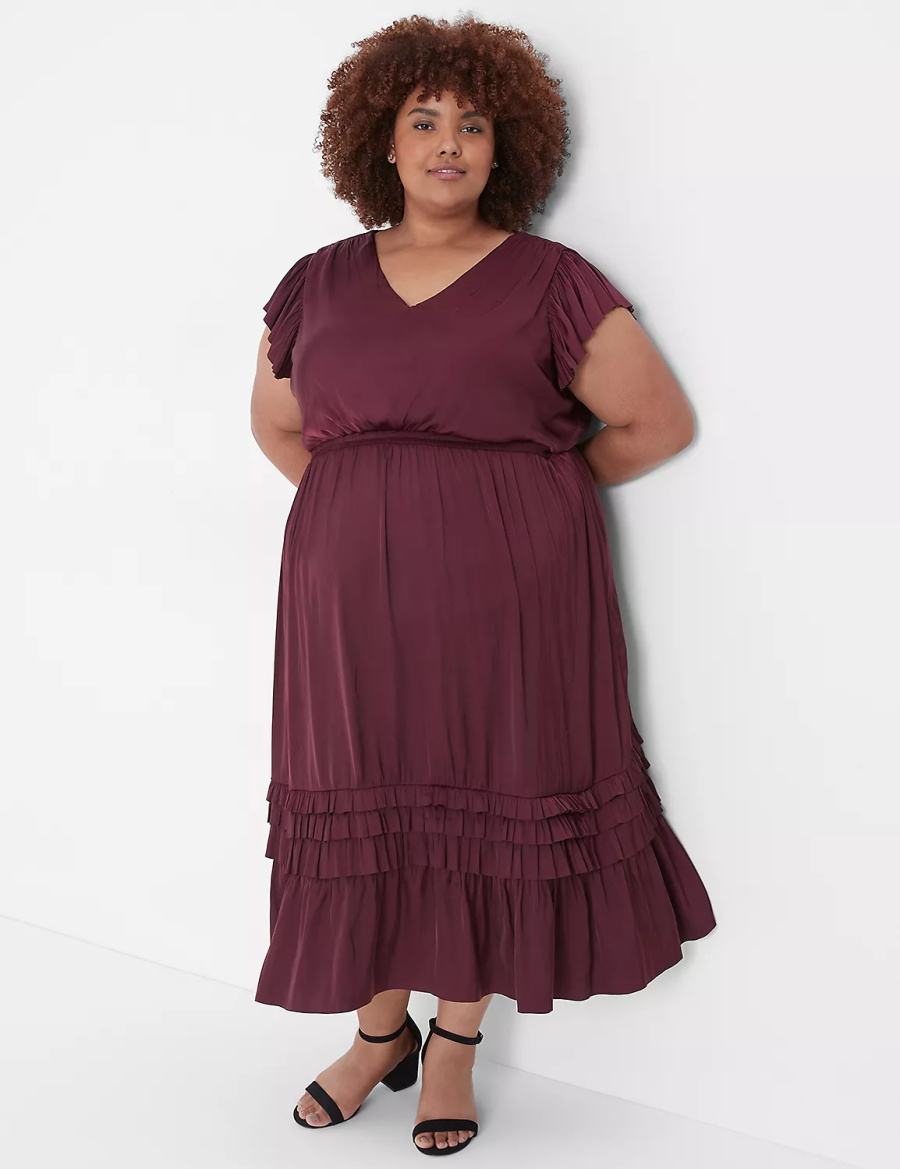 Lane Bryant Flutter-Sleeve Shirred Kadın Midi Elbise Bordo | EQC3860HJ