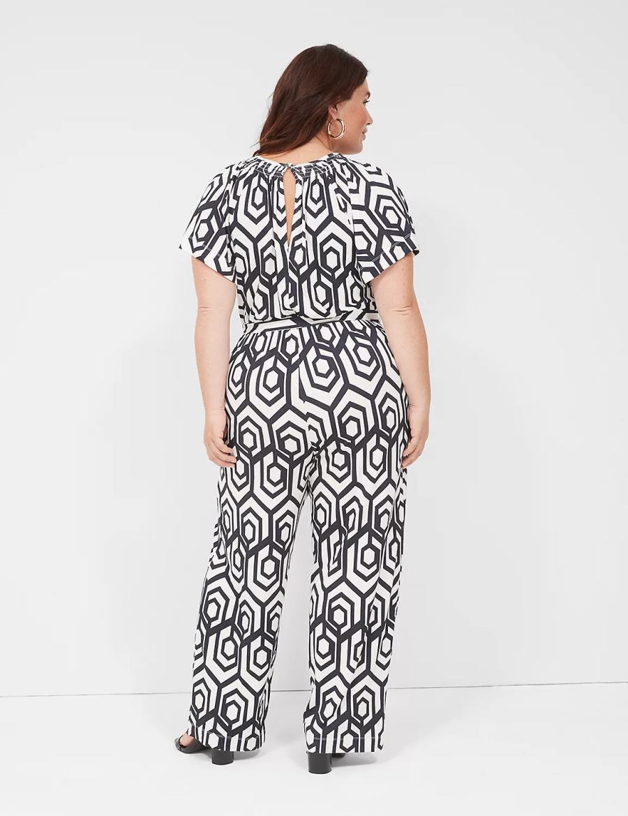 Lane Bryant Flutter-Sleeve Smocked-Neck Wide Leg Kadın Tulum Lacivert | NZF8210QT