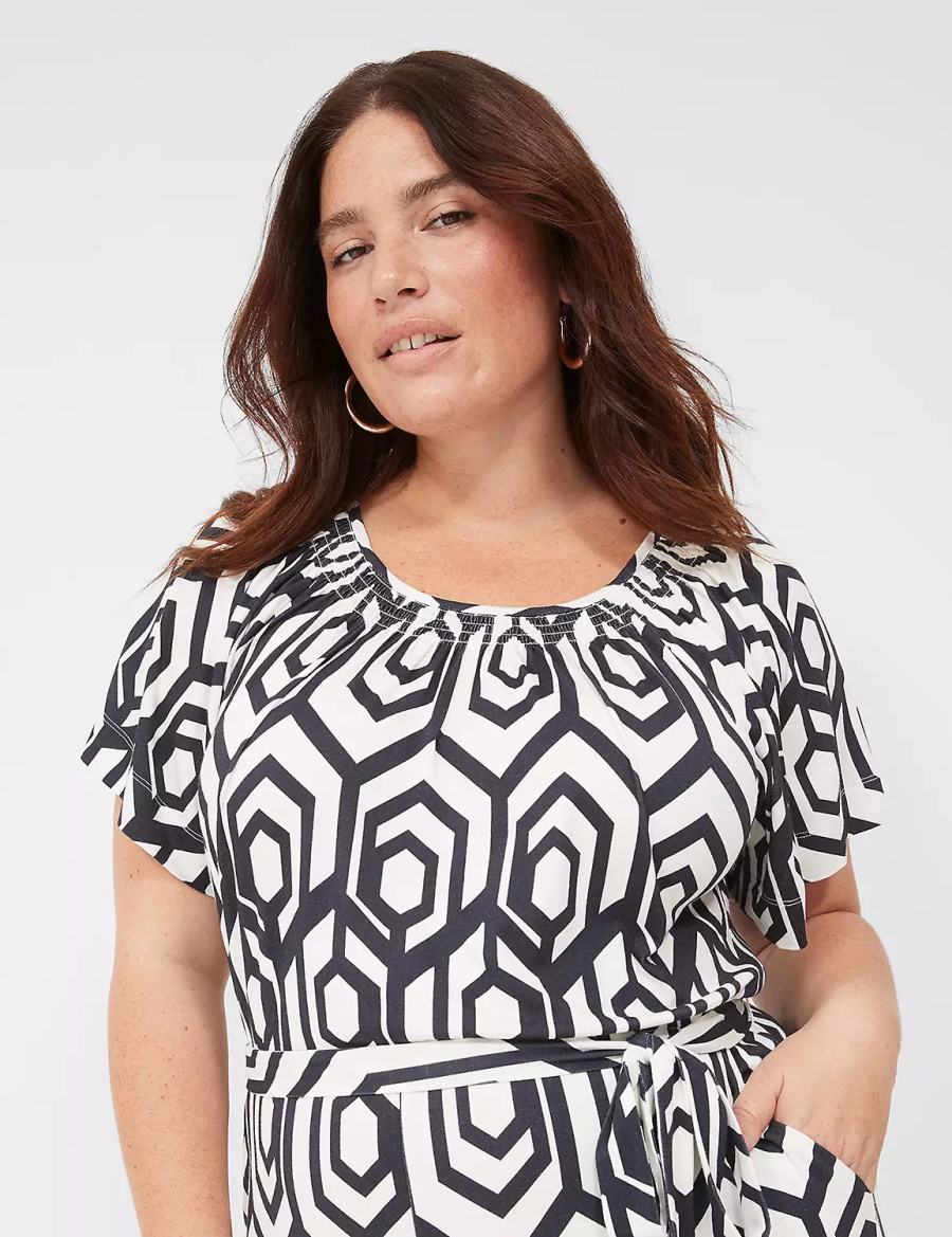 Lane Bryant Flutter-Sleeve Smocked-Neck Wide Leg Kadın Tulum Lacivert | NZF8210QT