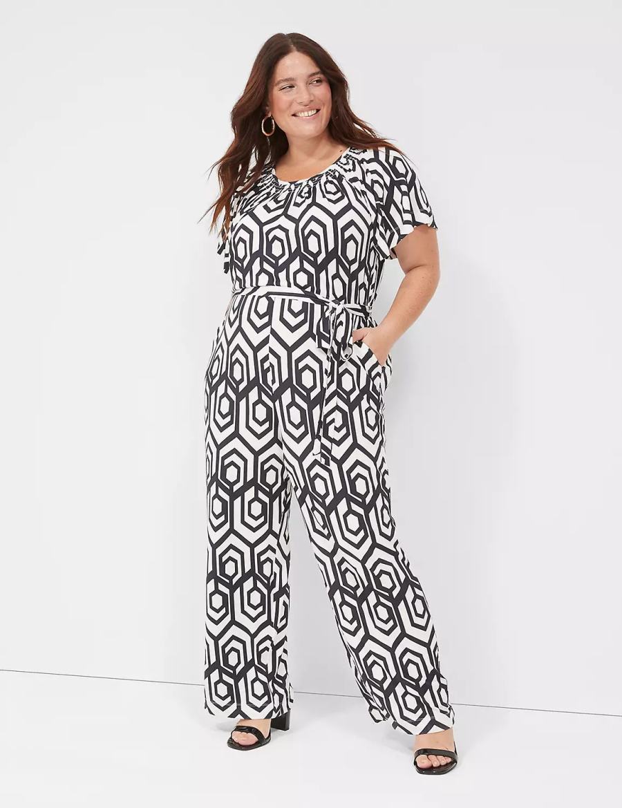 Lane Bryant Flutter-Sleeve Smocked-Neck Wide Leg Kadın Tulum Lacivert | NZF8210QT