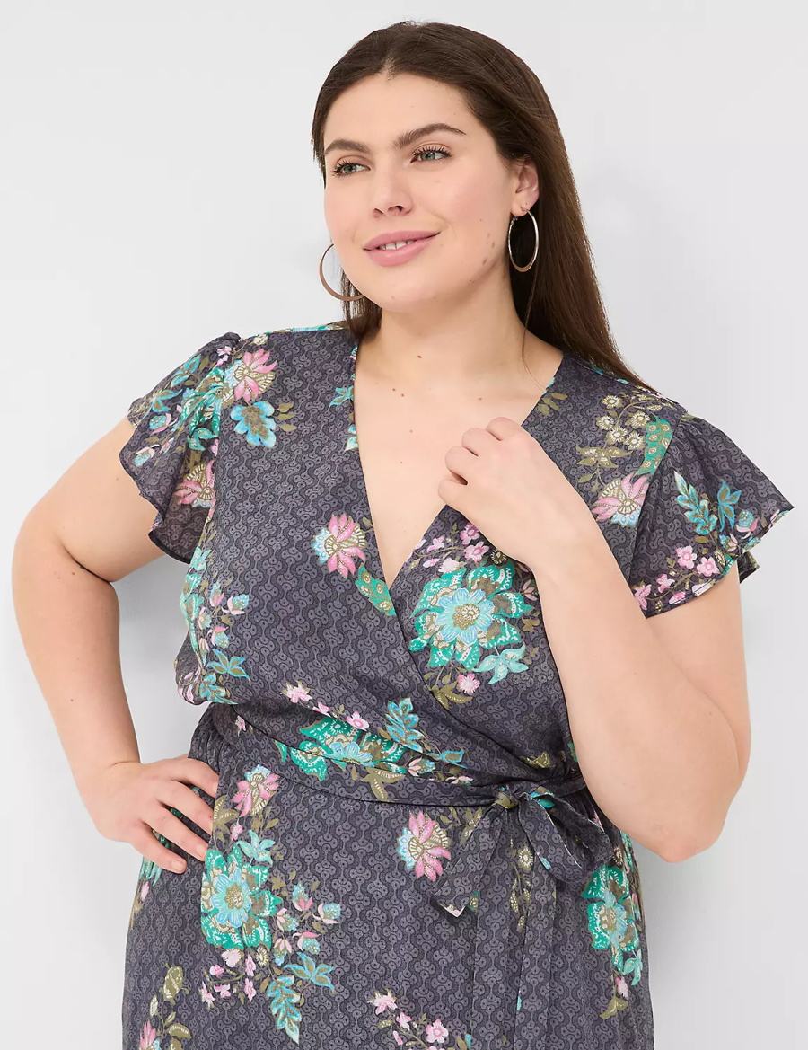 Lane Bryant Flutter-Sleeve Surplice-Neck Kadın Uzun Elbise Siyah Yeşil | FEN3334MG