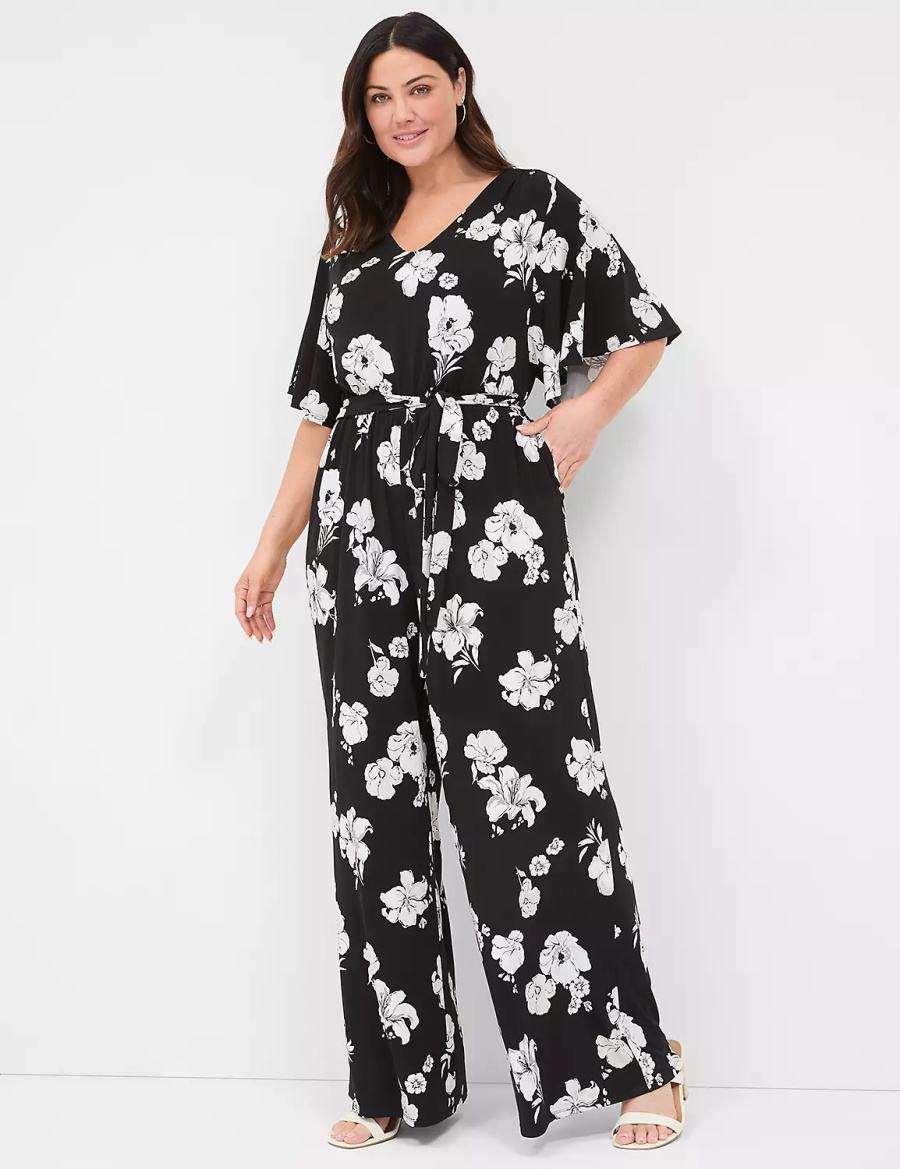 Lane Bryant Flutter-Sleeve Wide Leg Jersey Kadın Tulum Siyah | NBI844WI