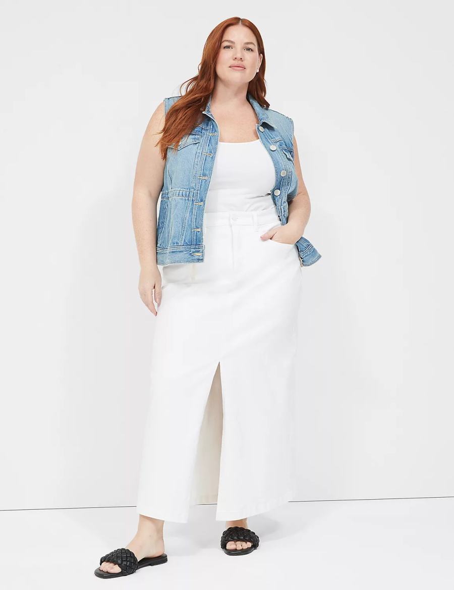 Lane Bryant High-Rise Denim Maxi Kadın Etek Beyaz | RLM8890PC