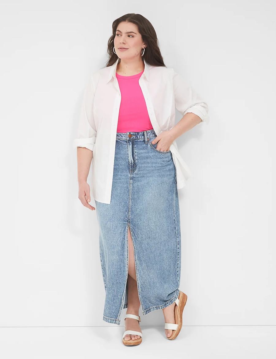 Lane Bryant High-Rise Front-Slit Denim Maxi Kadın Etek Açık Mavi | GMU1755FG