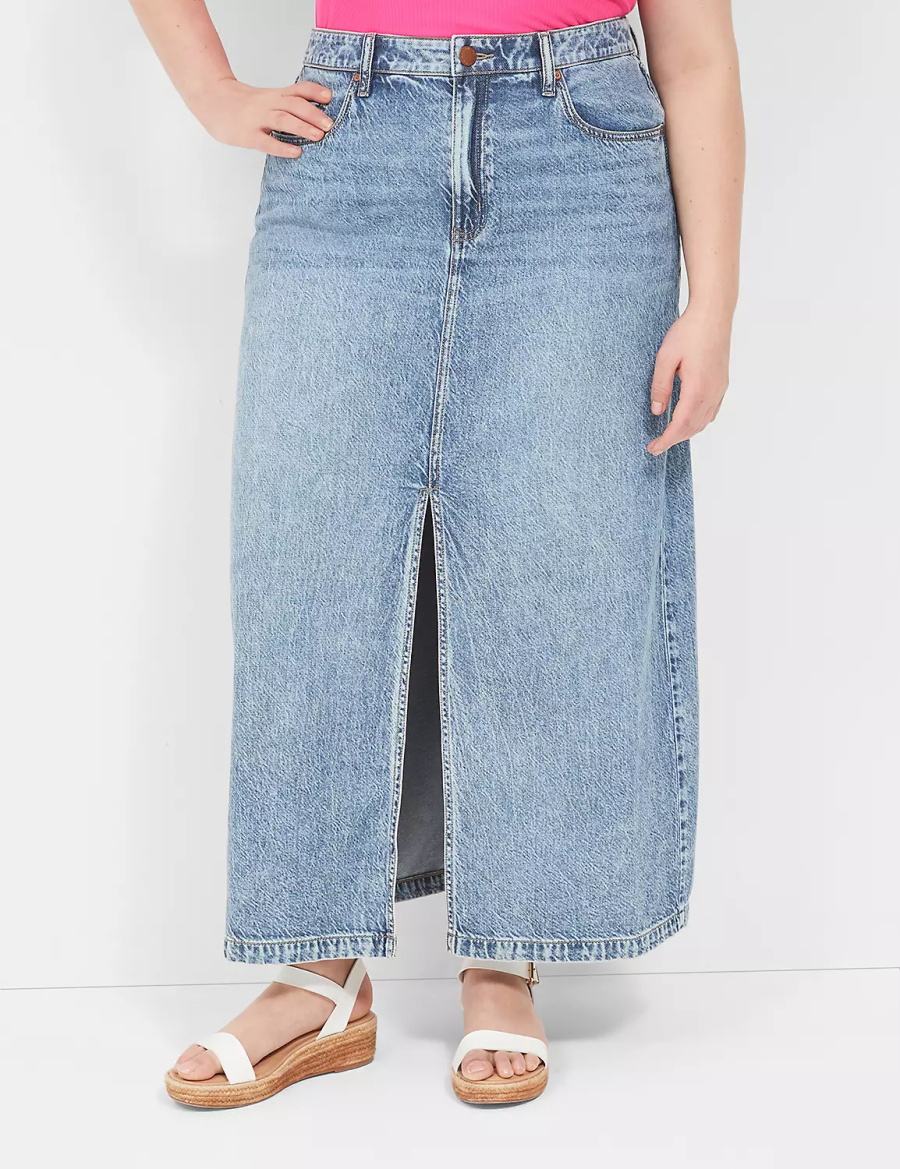 Lane Bryant High-Rise Front-Slit Denim Maxi Kadın Etek Açık Mavi | GMU1755FG