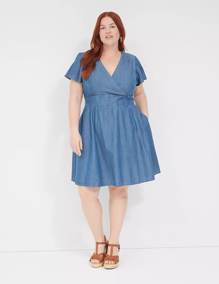 Lane Bryant Lena Denim Surplice-Neck Level-Hem Kadın Günlük Elbise Mavi | FQF6198RF