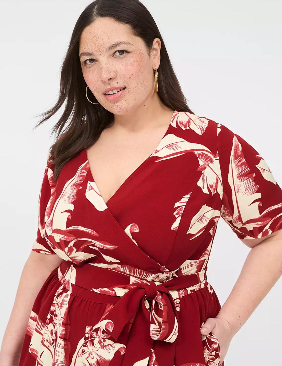 Lane Bryant Lena Short-Sleeve Surplice Kadın Tulum Bordo | UBR1272IC