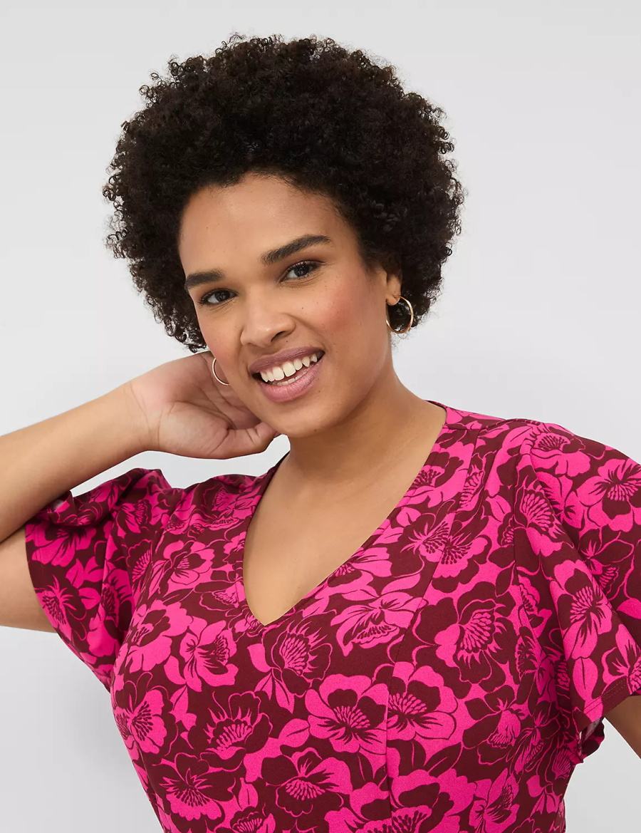 Lane Bryant Lena V-Neck Level-Hem Kadın Midi Elbise Pembe | XLM655BO