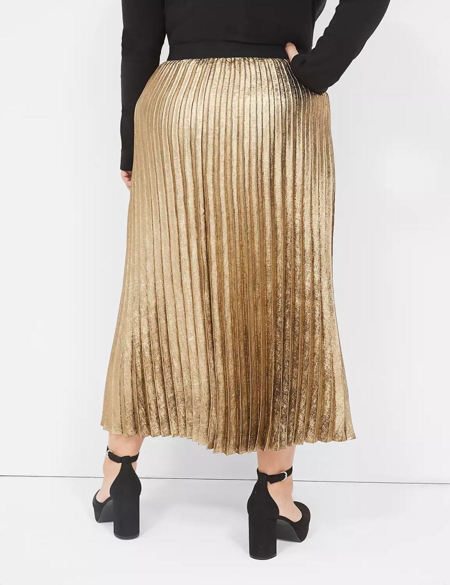 Lane Bryant Metallic Pleated Midi Kadın Etek Altın | QOJ4887QF