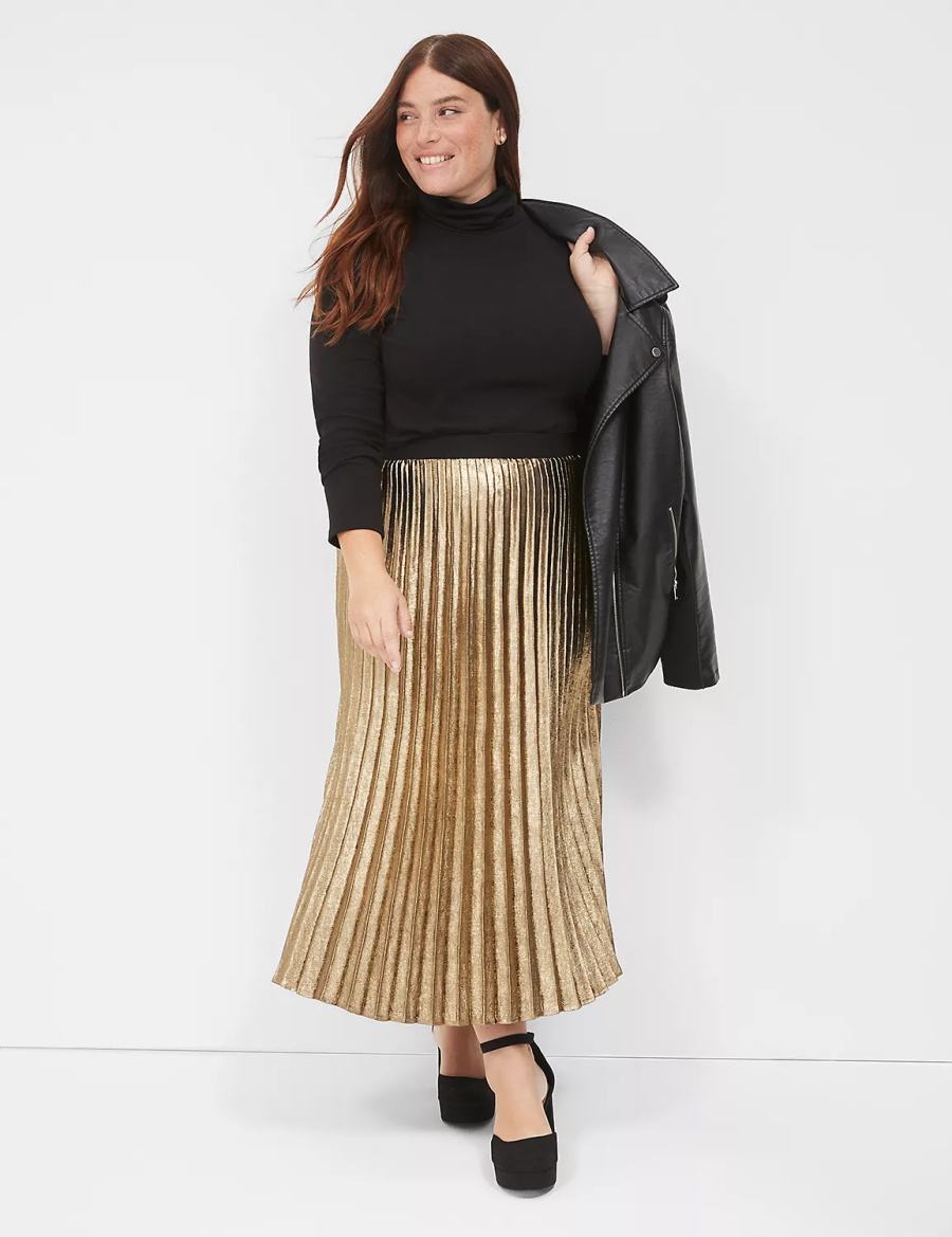 Lane Bryant Metallic Pleated Midi Kadın Etek Altın | QOJ4887QF