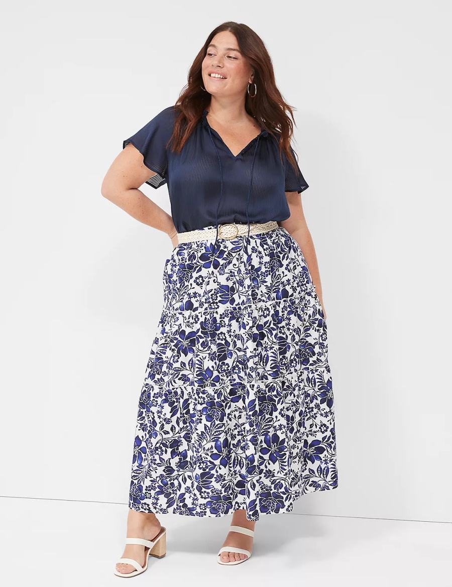 Lane Bryant Poplin Tiered Maxi Kadın Etek Lacivert Beyaz | TAT9475YY