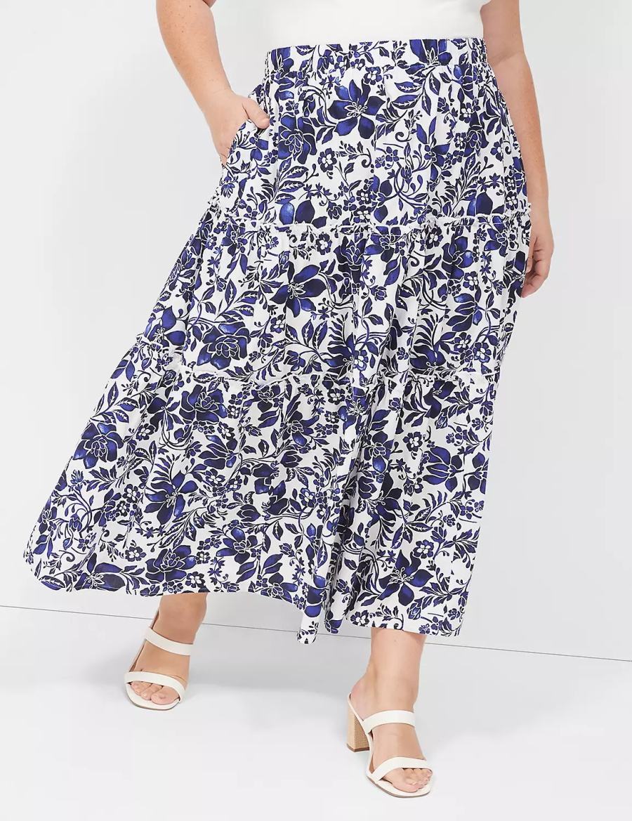 Lane Bryant Poplin Tiered Maxi Kadın Etek Lacivert Beyaz | TAT9475YY