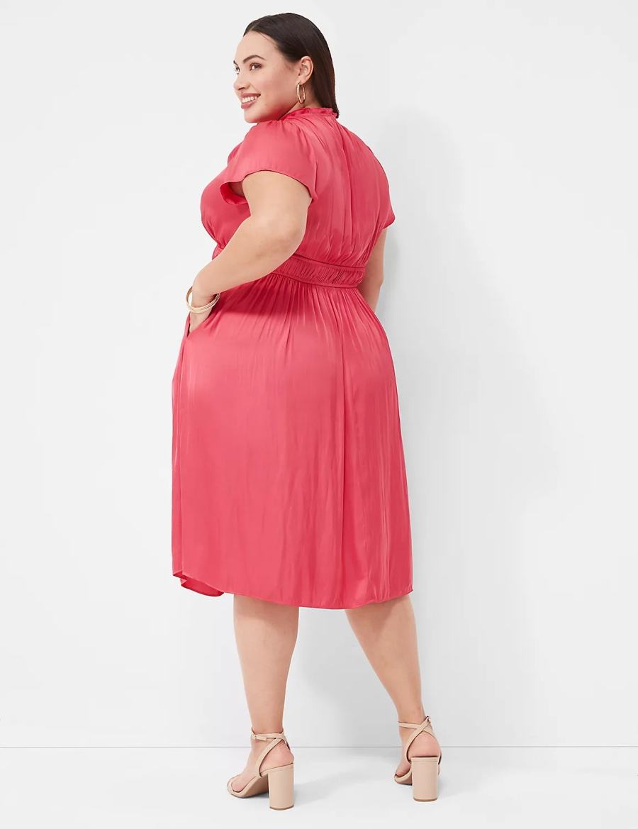 Lane Bryant Satin Flutter-Sleeve Ruffle V-Neck Kadın Midi Elbise Pembe | ASB6683BC