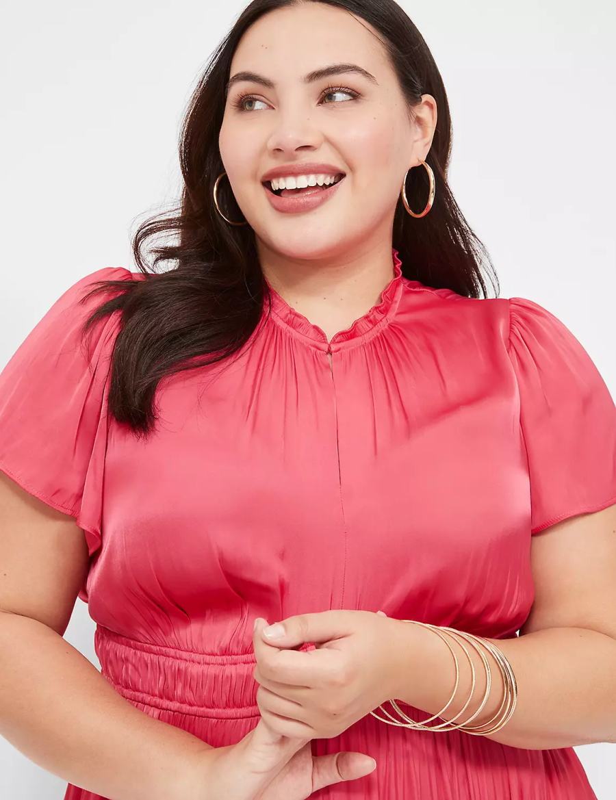 Lane Bryant Satin Flutter-Sleeve Ruffle V-Neck Kadın Midi Elbise Pembe | ASB6683BC