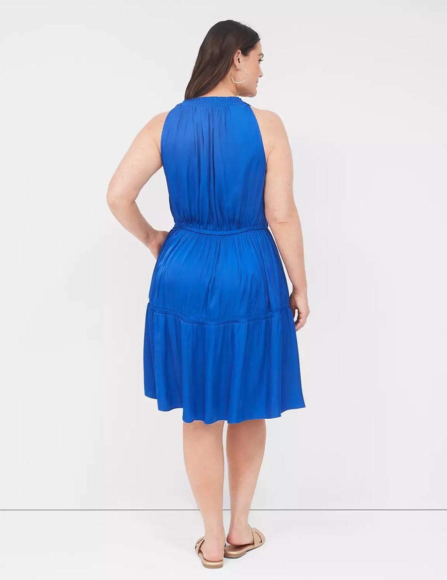 Lane Bryant Satin Smocked-Neck Tie-Waist Kadın Günlük Elbise Mavi | XGZ9748DG