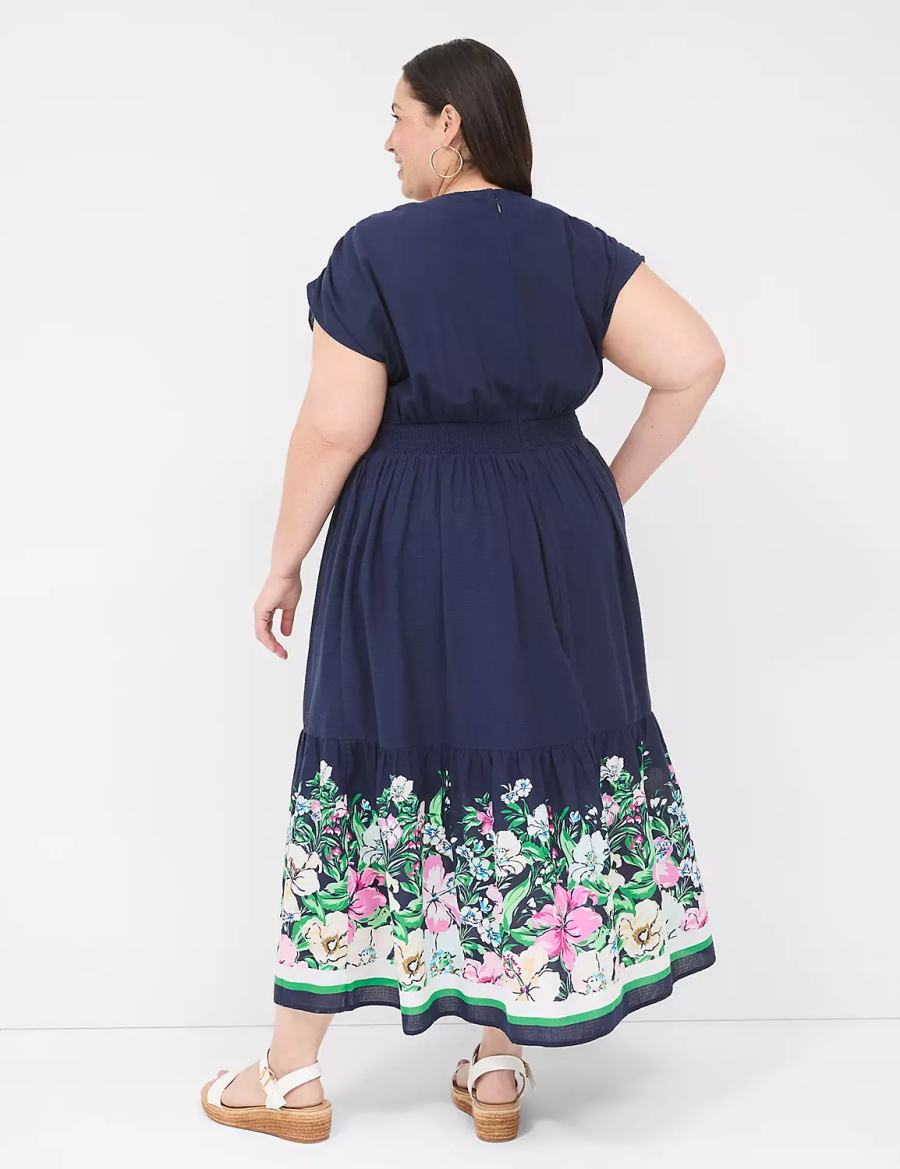 Lane Bryant Shirred-Shoulder Double-Waist Kadın Uzun Elbise Koyu Mavi | FVN1080SZ